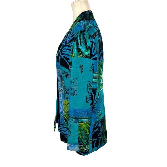 Chico's Oriental Art-to-Wear Patchwork Silk Linen Blazer Jacket Turquoise SZ 4 - Picture 6 of 15